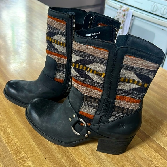 Born Panera Leather Moto Boots with Wool Southwest Motif - Picture 1 of 8